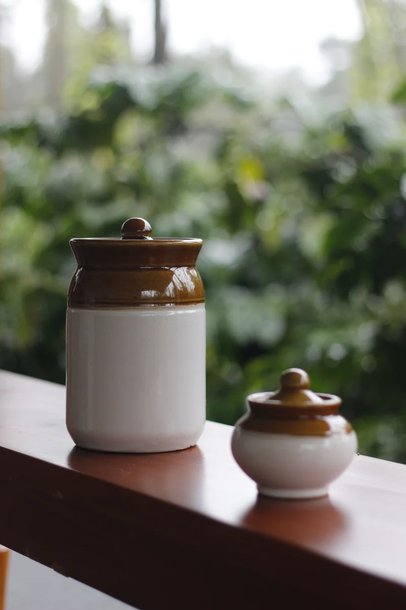 Two cream and brown ceramic jars on a wooden ledge with greenery beyond
